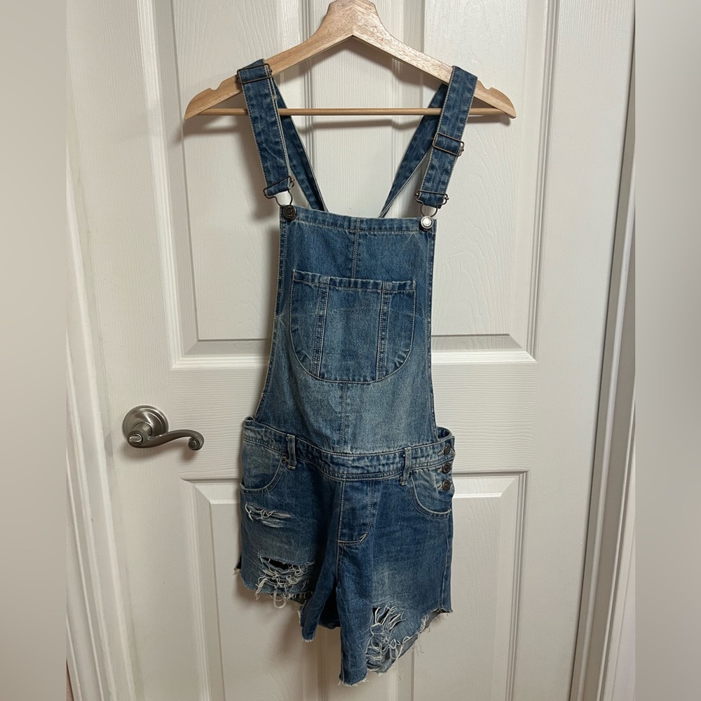 Distressed Blue Denim Short Overalls